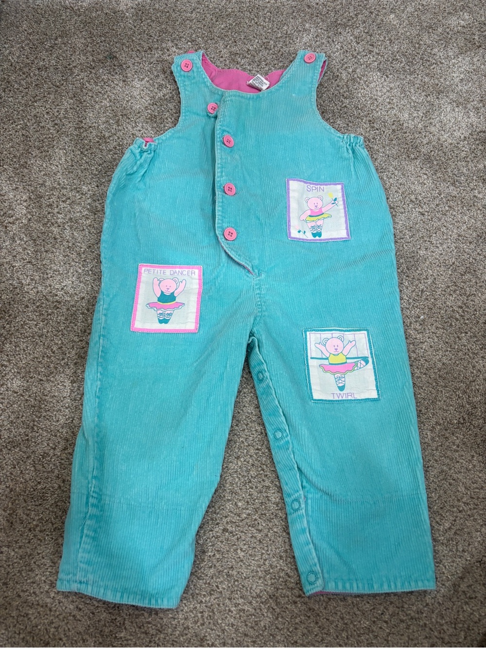 Vintage Baby Girl Toddler Teal Corduroy Overalls Ballet Patches 12 months